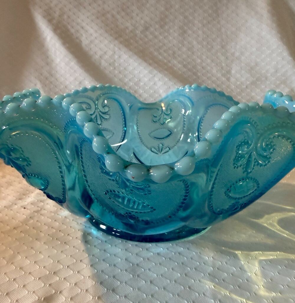 Blue Vintage Dugan Glass Bowl Floral Pattern Scalloped Rim Antique